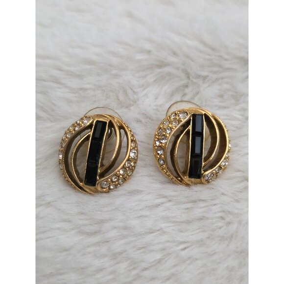 1928 Vintage Gold-Tone Earrings Rhinestones Oval Shape Pierced Back - Picture 1 of 9